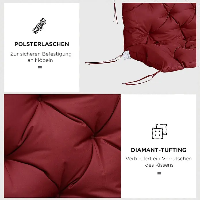 Outsunny Bankauflage - Gartenbank, 1 Stk., Polyester, Schaumstoff, Rot - Rotes Kissen mit Befestigungslaschen für Möbel und Diamant-Tufting gegen Verrutschen.