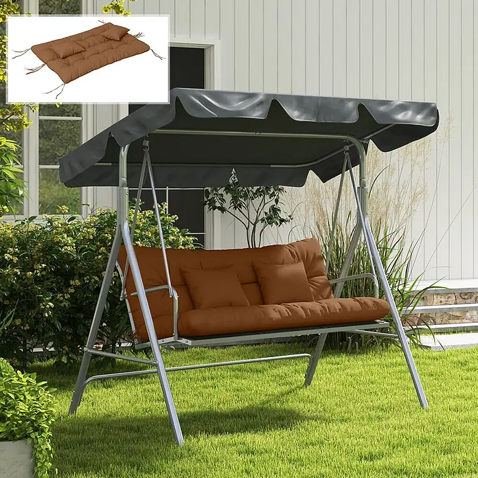 Outsunny Bankauflage Hollywoodschaukel - Hollywoodschaukel, 1 Stk., 100% Polyester, Braun - Braunes gepolstertes Gartenschaukel mit grauem Dach und silberfarbenem Rahmen.