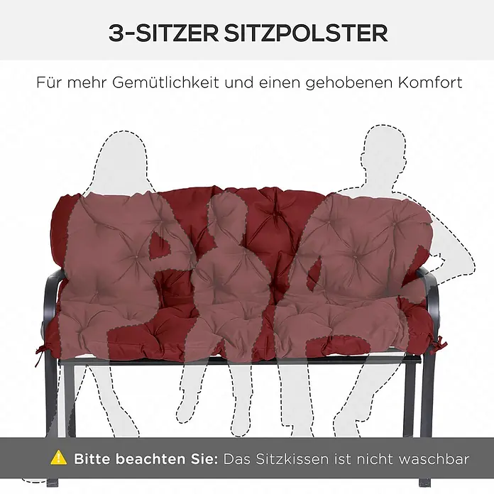Outsunny Bankauflage - Gartenbank, 1 Stk., Polyester, Schaumstoff, Rot - Dunkelrotes, gestepptes 3-Sitzer Sitzpolster auf einer Bank für drei Personen.