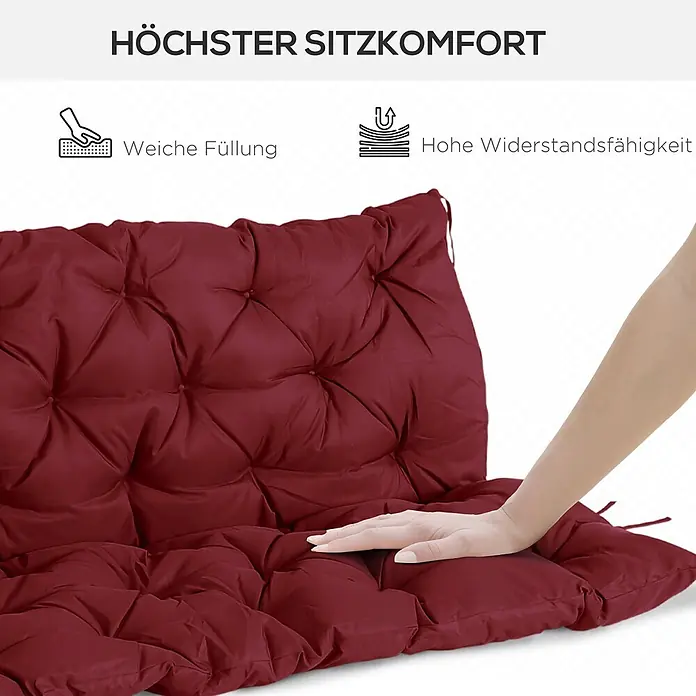 Outsunny Bankauflage - Gartenbank, 1 Stk., Polyester, Schaumstoff, Rot - Dunkelrotes, gestepptes Kissen, in das eine Hand drückt, um die weiche Füllung und hohe Widerstandsfähigkeit für maximalen Komfort zu zeigen.