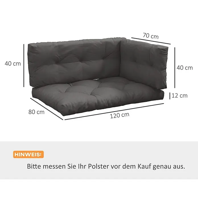 Outsunny Bankauflage - Dekopaletten, 1 Stk., 100% Polyester, Dunkelgrau - Dunkelgraues L-förmiges Outdoor-Sitzkissen-Set mit Maßen für Länge, Breite und Dicke.