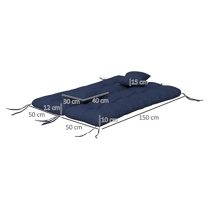 Outsunny Bankauflage Hollywoodschaukel - 1 Stk., 100% Polyester, Blau - Marineblaue gesteppte klappbare Gartenauflage mit Bändern und separatem Kissen, Maße sichtbar.