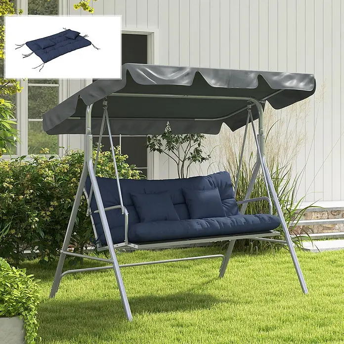 Outsunny Bankauflage Hollywoodschaukel - 1 Stk., 100% Polyester, Blau - Eine Metall-Gartenschaukel mit navyblauen Polstern und grauem Sonnendach in einer Gartenumgebung.