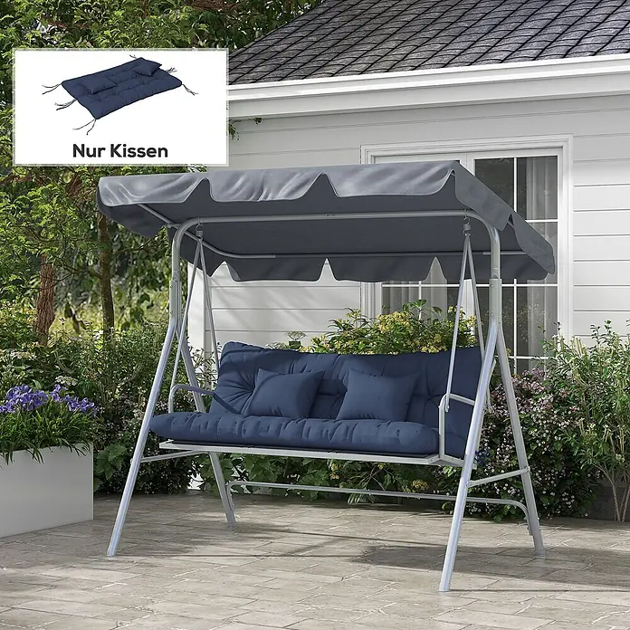 Outsunny Bankauflage Hollywoodschaukel - 1 Stk., 100% Polyester, Blau - Blaue Gartenschaukel mit grauem Dach und Metallgestell im Garten. Detailbild: nur blaue Kissen.