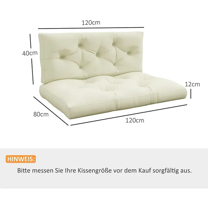 Outsunny Bankauflage Palettensitzpolster - Dekopaletten, 1 Stk., 100% Polyester, Cremeweiß - Zwei cremefarbene getuftete Kissen mit Maßen: 120 cm Breite, 80 cm Tiefe, 40 cm Rückenhöhe, 12 cm Dicke.