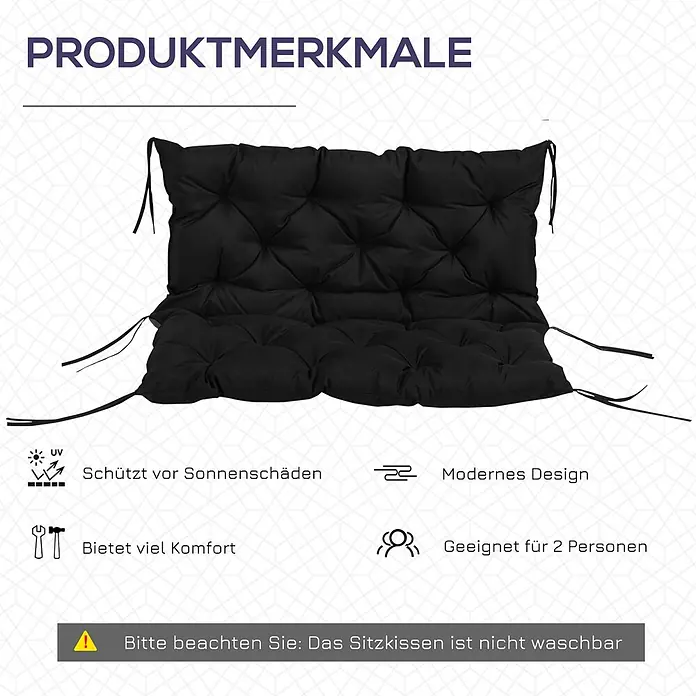 Outsunny Bankauflage - 1 Stk., 100% Polyester, Schwarz - Ein schwarzes, gestepptes zweiteiliges Outdoor-Sitzkissen mit Bändern.