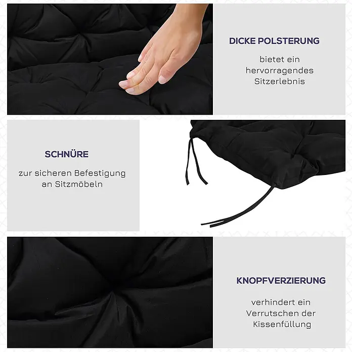 Outsunny Bankauflage - 1 Stk., 100% Polyester, Schwarz - Schwarzes, dick gepolstertes Sitzkissen mit Bändern zur sicheren Befestigung und Knopfheftung gegen Verrutschen der Füllung.