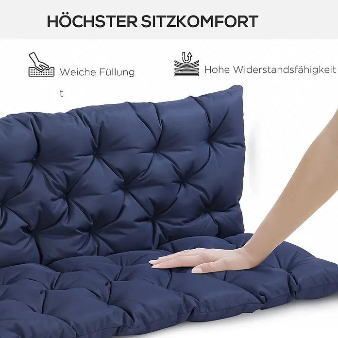 Outsunny Bankauflage - Gartenbank, 1 Stk., Polyester, Schaumstoff, Blau - Dunkelblaues, gestepptes Sitz- und Rückenkissen, das weiche Füllung und hohe Widerstandsfähigkeit für höchsten Sitzkomfort zeigt, eine Hand drückt das Kissen.