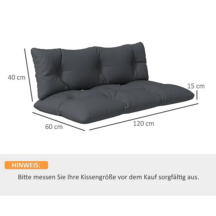 Outsunny Bankauflage - Dekopaletten, 1 Stk., L x B x H: 120 x 60 x 15 cm, Polyester, Schaumstoff, Dunkelgrau - Dunkelgraues zweiteiliges Outdoor-Kissen-Set mit getuftetem Rückenkissen und flachem Sitzkissen, mit Maßen dargestellt.