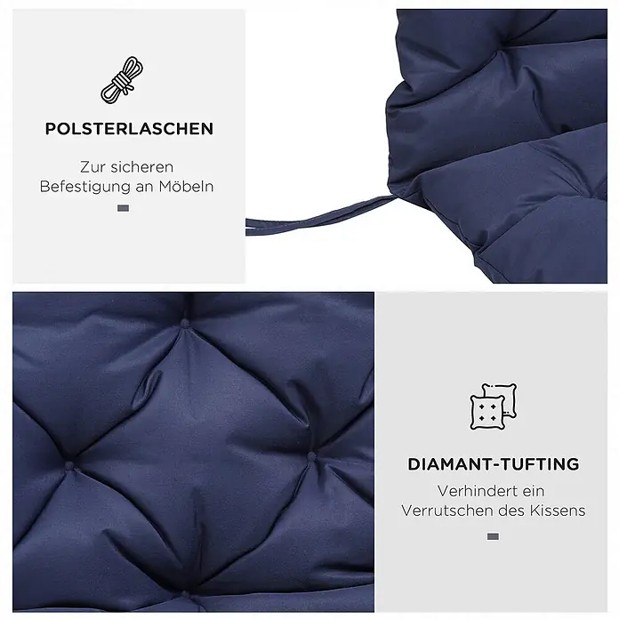 Outsunny Bankauflage - Gartenbank, 1 Stk., Polyester, Schaumstoff, Blau - Dunkelblaues Kissen mit Befestigungslaschen und Diamant-Heftung gegen Verrutschen.