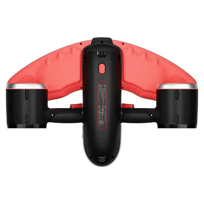 Sublue Tauchscooter Navbow 2026 - L x B x H: 486 x 327 x 177 mm - Schwarzer und roter Unterwasserscooter mit zwei Triebwerken und mittigen Griffen, von oben gesehen.