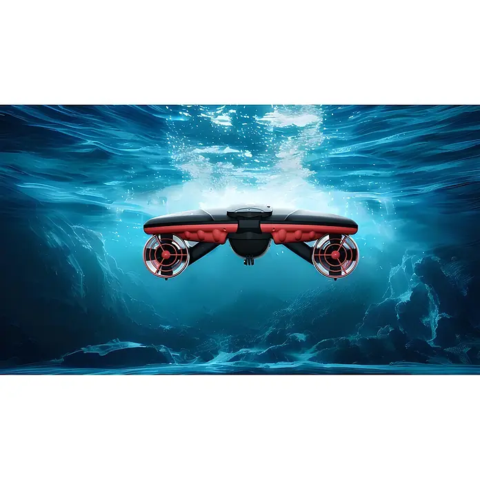 Sublue Tauchscooter Navbow 2026 - L x B x H: 486 x 327 x 177 mm - Schwarz-roter Unterwasser-Scooter mit zwei Propellern, untergetaucht in blauem Wasser.