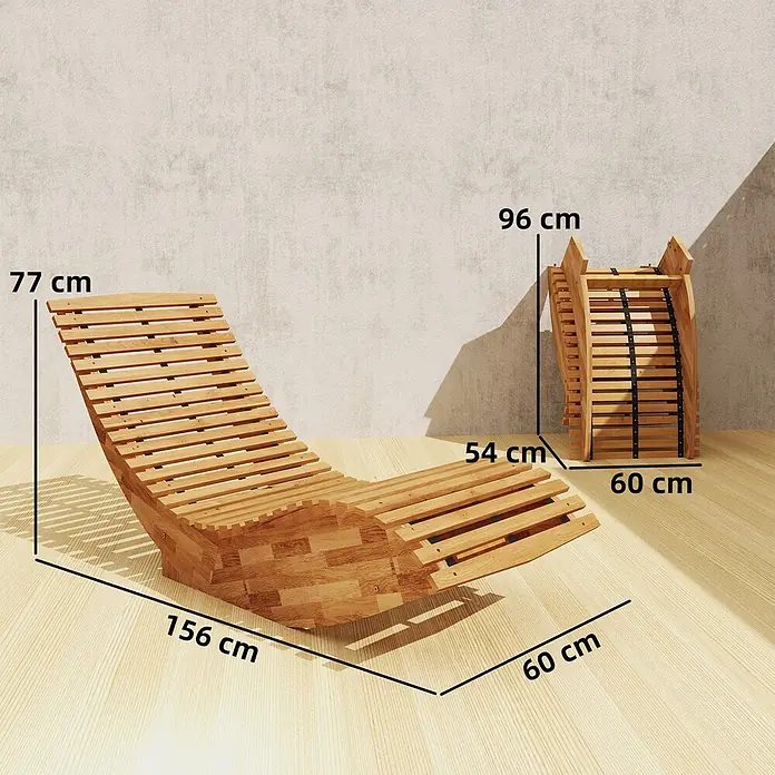 Outsunny Garten-Schaukelstuhl - 1 Stk., Akazienholz, Naturholz, B x T x H: 60 x 156 x 77 cm - Hölzerne Lattenliege, montiert und zusammengeklappt mit Maßen dargestellt.