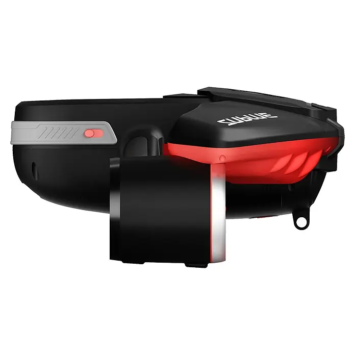 Sublue Tauchscooter Navbow 2026 - L x B x H: 486 x 327 x 177 mm - Seitenansicht eines schwarzen und roten Unterwasserscooters mit grauem Netzschalter und geripptem roten Antriebsgehäuse.
