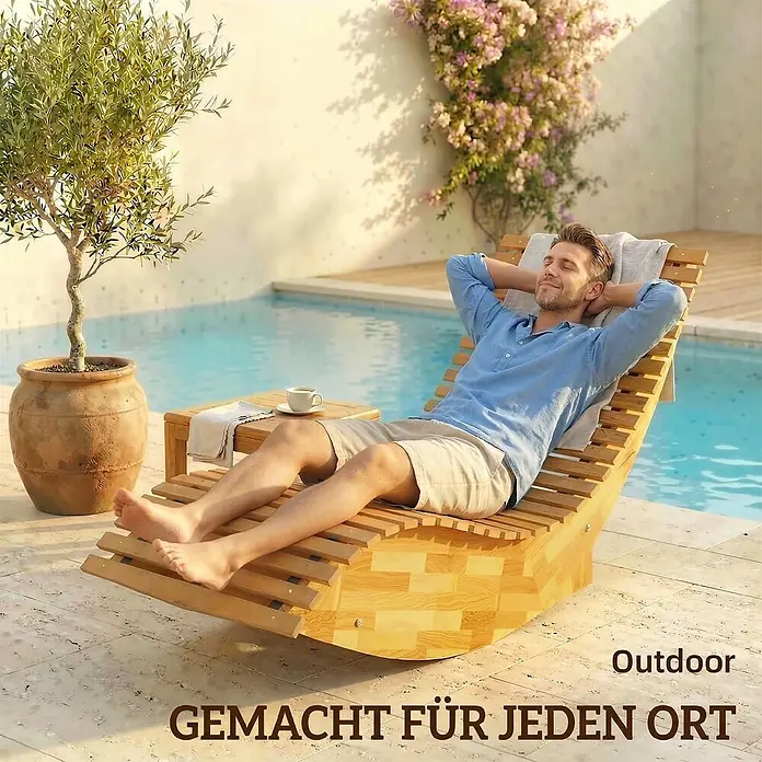 Outsunny Garten-Schaukelstuhl - 1 Stk., Akazienholz, Naturholz, B x T x H: 60 x 156 x 77 cm - Hölzerne Outdoor-Liege mit einem Mann, der sich am Pool entspannt.