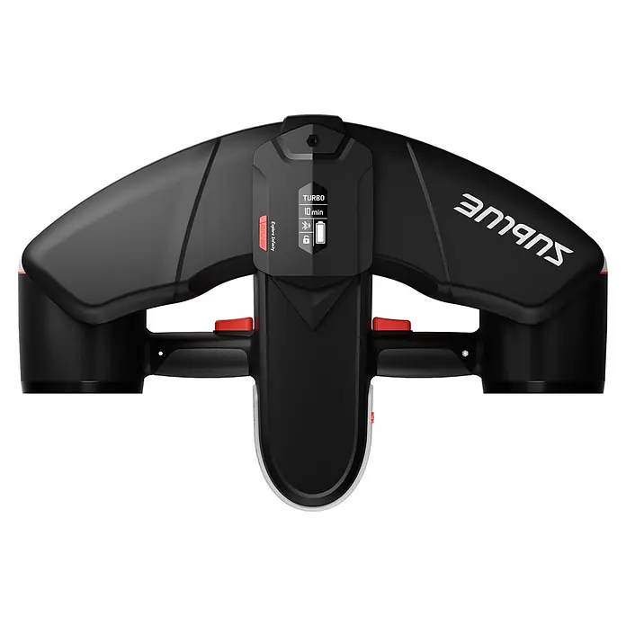 Sublue Tauchscooter Navbow 2026 - L x B x H: 486 x 327 x 177 mm - Schwarzer Sublue Unterwasser-Scooter mit Doppelpropellern, zentralem Display und roten Abzugstasten.