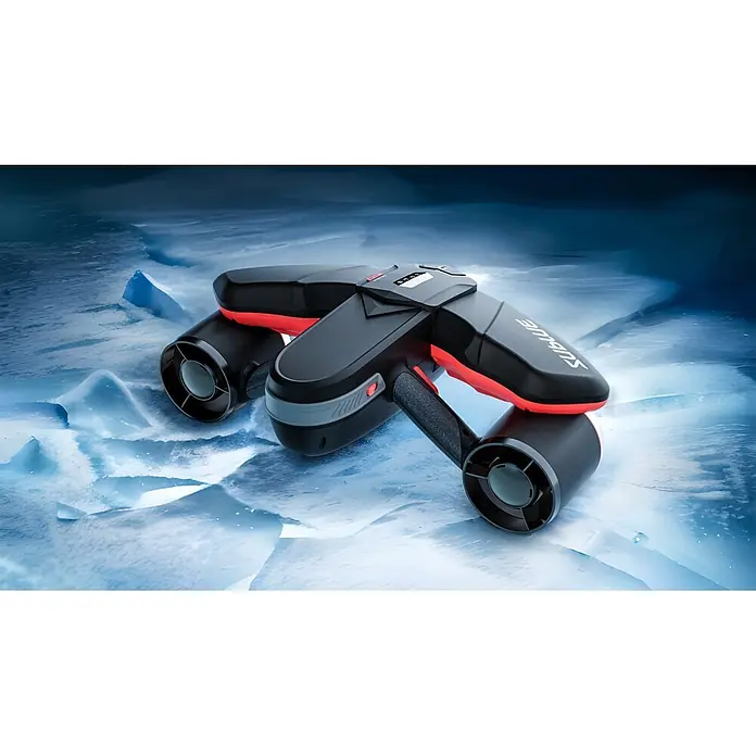 Sublue Tauchscooter Navbow 2026 - L x B x H: 486 x 327 x 177 mm - Schwarzer und roter Unterwasser-Propeller mit zwei Antriebseinheiten auf eisig blauer Oberfläche.