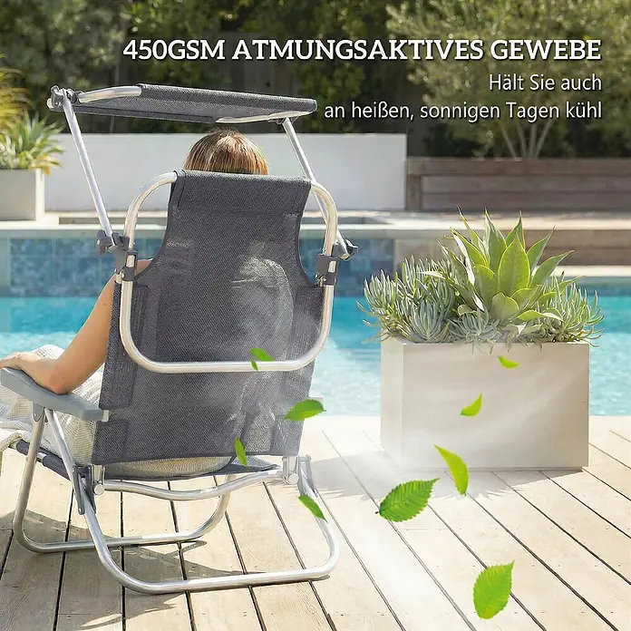 Outsunny Campingstuhl - Aluminium, Atmungsaktives Netz, Klappbar, Dunkelgrau, B x T x H: 62 x 68 x 79 cm - Grauer Netz-Strandstuhl mit Sonnendach und Metallrahmen, atmungsaktives Gewebe hält kühl am Pool.