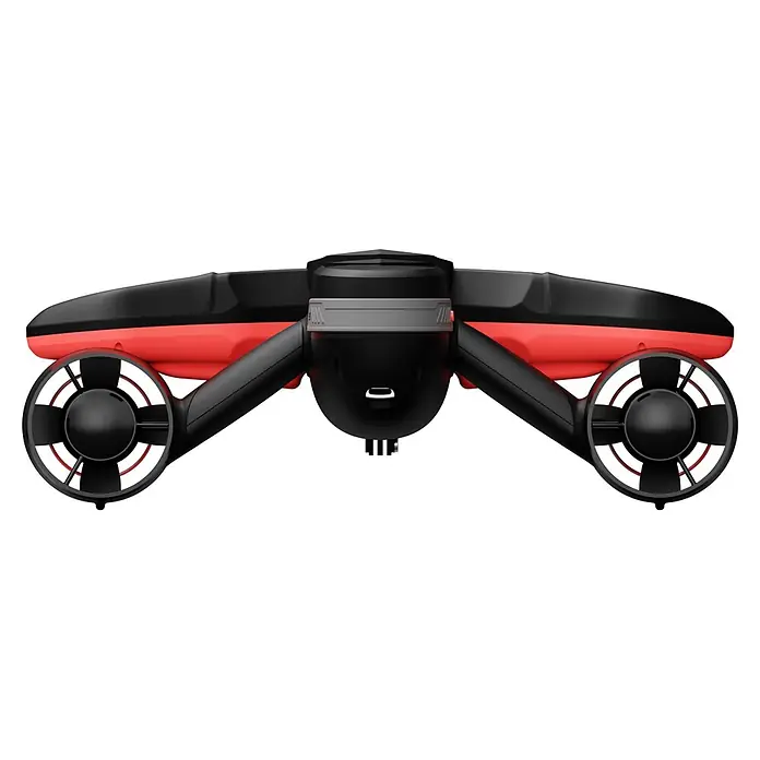 Sublue Tauchscooter Navbow 2026 - L x B x H: 486 x 327 x 177 mm - Schwarze und rote Unterwasserdrohne mit zwei seitlichen Propellern und Schutzgittern.