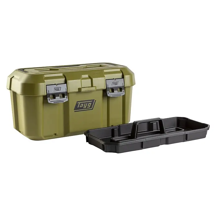Tayg Caja para herramientas C46 - L x An x Al: 499 x 279 x 254 mm, 19 l, Polipropileno, Verde - Caja de herramientas de plástico verde con cierres negros y bandeja extraíble negra separada.