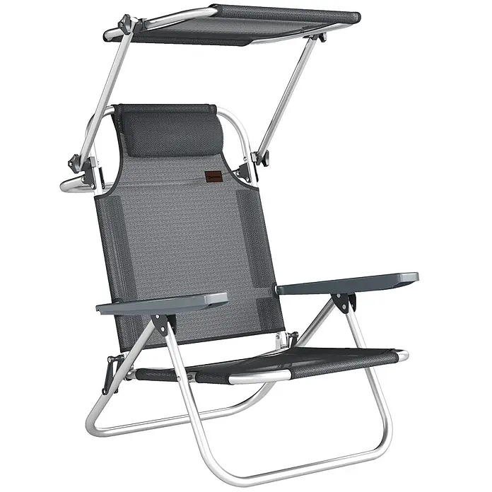 Outsunny Campingstuhl - Aluminium, Atmungsaktives Netz, Klappbar, Dunkelgrau, B x T x H: 62 x 68 x 79 cm - Grauer Netz-Klappliegestuhl mit silbernem Gestell und verstellbarem Sonnenschutz.