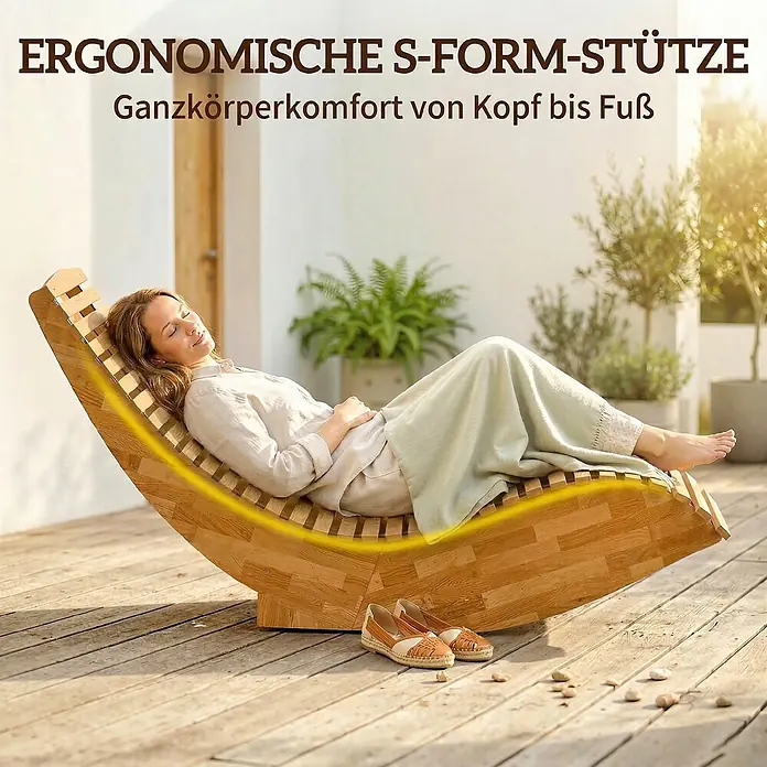 Outsunny Garten-Schaukelstuhl - 1 Stk., Akazienholz, Naturholz, B x T x H: 60 x 156 x 77 cm - Eine Frau entspannt auf einer hellbraunen, ergonomischen Holz-S-Liege im Freien, die Ganzkörperkomfort bietet.
