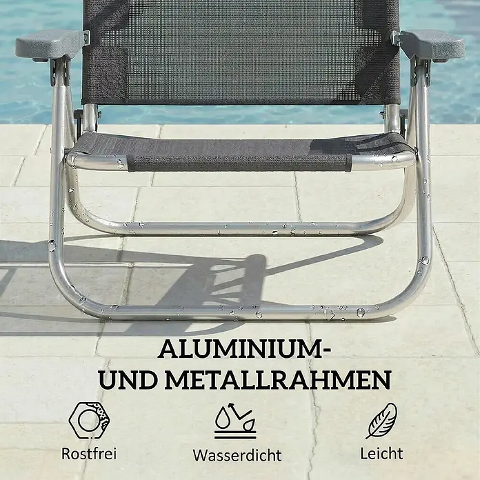 Outsunny Campingstuhl - Aluminium, Atmungsaktives Netz, Klappbar, Dunkelgrau, B x T x H: 62 x 68 x 79 cm - Dunkelgrauer Klappstuhl mit silbernem Metallrahmen und Wassertropfen am Pool. Rostfreie, wasserdichte, leichte Aluminiumkonstruktion.