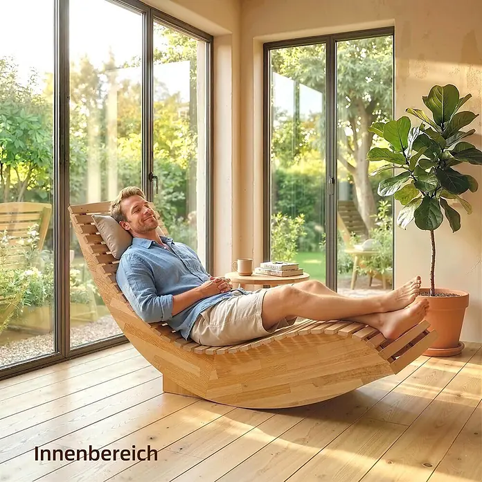 Outsunny Garten-Schaukelstuhl - 1 Stk., Akazienholz, Naturholz, B x T x H: 60 x 156 x 77 cm - Mann entspannt sich auf einer hellen Holzliege im Innenbereich und betont ihr natürliches Design.