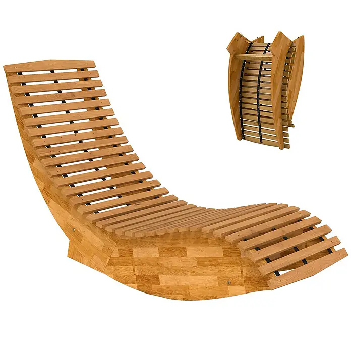 Outsunny Garten-Schaukelstuhl - 1 Stk., Akazienholz, Naturholz, B x T x H: 60 x 156 x 77 cm - Klappbare Holzliege mit Lattenrost-Design, ausgeklappt und kompakt zusammengeklappt dargestellt.