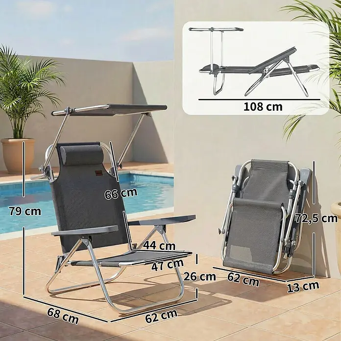 Outsunny Campingstuhl - Aluminium, Atmungsaktives Netz, Klappbar, Dunkelgrau, B x T x H: 62 x 68 x 79 cm - Grauer klappbarer Outdoor-Stuhl mit Sonnendach, offen (68x62x79 cm) und gefaltet (62x13x72,5 cm). Auch als Liege (108 cm).