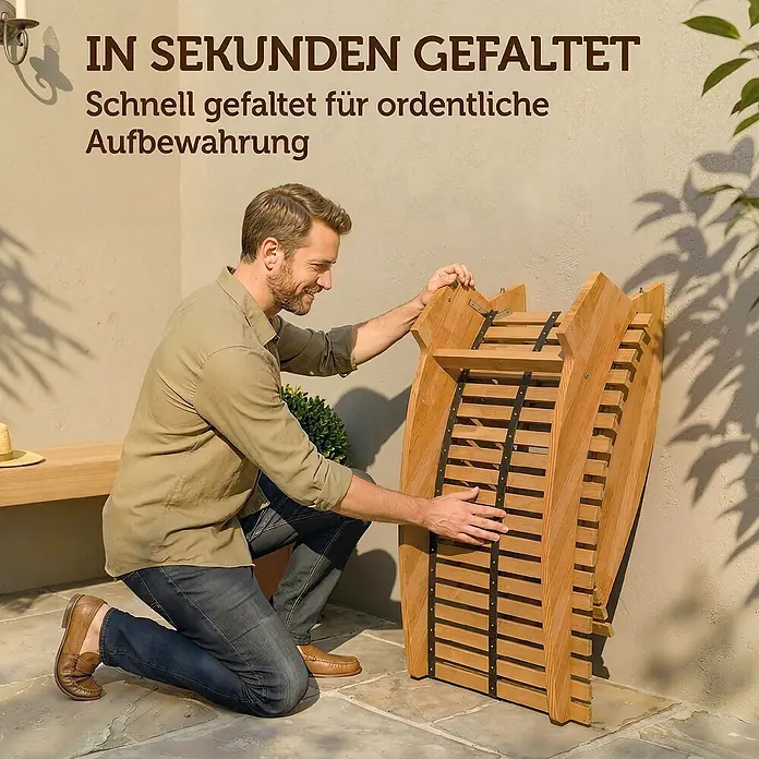 Outsunny Garten-Schaukelstuhl - 1 Stk., Akazienholz, Naturholz, B x T x H: 60 x 156 x 77 cm - Mann faltet einen braunen Holz-Gartentisch. Sein Lattenrostdesign ist sichtbar.