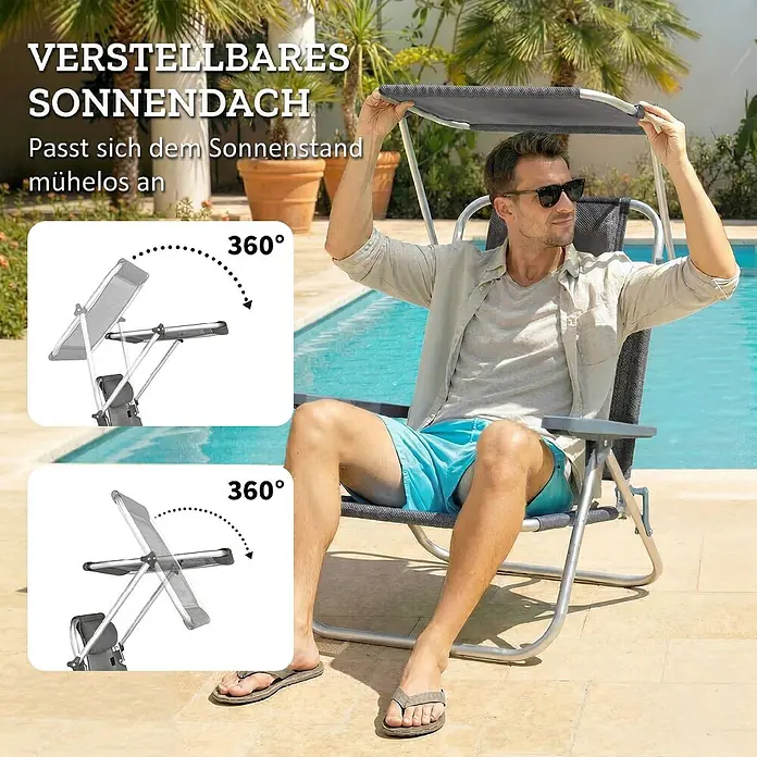 Outsunny Campingstuhl - Aluminium, Atmungsaktives Netz, Klappbar, Dunkelgrau, B x T x H: 62 x 68 x 79 cm - Grauer Klappstuhl mit 360° verstellbarem Sonnendach, passt sich mühelos dem Sonnenstand an.