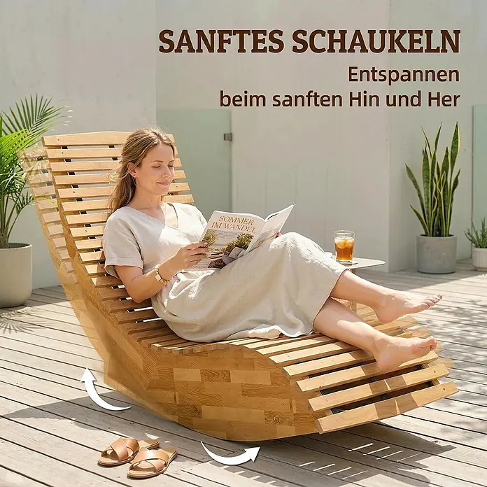 Outsunny Garten-Schaukelstuhl - 1 Stk., Akazienholz, Naturholz, B x T x H: 60 x 156 x 77 cm - Frau entspannt auf einer hölzernen Schaukelliege im Freien, liest ein Buch und genießt die sanfte Bewegung.