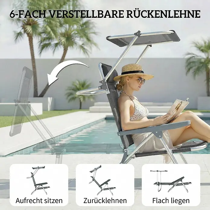 Outsunny Campingstuhl - Aluminium, Atmungsaktives Netz, Klappbar, Dunkelgrau, B x T x H: 62 x 68 x 79 cm - Grauer, 6-fach verstellbarer Liegestuhl mit Sonnendach, der seine Positionen von aufrecht bis flach am Pool zeigt.