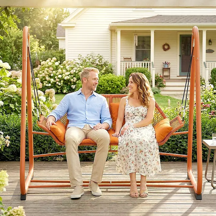 Outsunny Garten-Schaukelstuhl - 1 Stk., Metall, Polyester, Polypropylen Baumwolle, Schaumstoff, Terrakotta - Ein Paar entspannt auf einer orangen Outdoor-Schaukelbank mit orangen Kissen auf einer Holzterrasse im Garten.