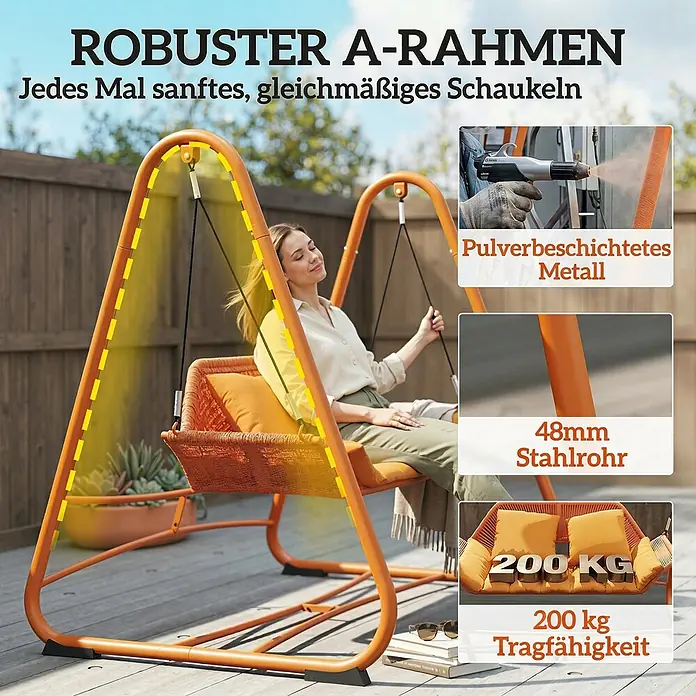 Outsunny Garten-Schaukelstuhl - 1 Stk., Metall, Polyester, Polypropylen Baumwolle, Schaumstoff, Terrakotta - Orangefarbener A-Rahmen Schaukelstuhl mit einer Frau, robustem Stahlrahmen und 200 kg Tragfähigkeit.