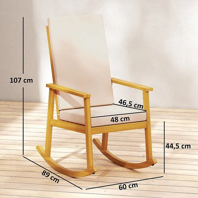 Outsunny Garten-Schaukelstuhl - 1 Stk., Akazienholz, Polyester, Beige - Hölzerner Schaukelstuhl mit hellen Polstern, der seine Abmessungen zeigt.