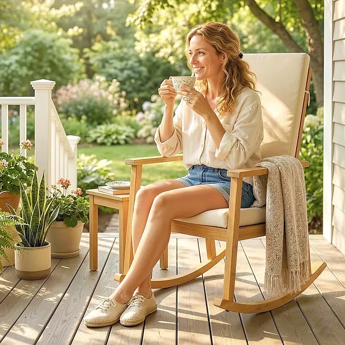 Outsunny Garten-Schaukelstuhl - 1 Stk., Akazienholz, Polyester, Beige - Ein Holzschaukelstuhl mit cremefarbenen Kissen auf einer Veranda. Eine Frau sitzt darin, eine Tasse haltend, mit einem Beistelltisch daneben.