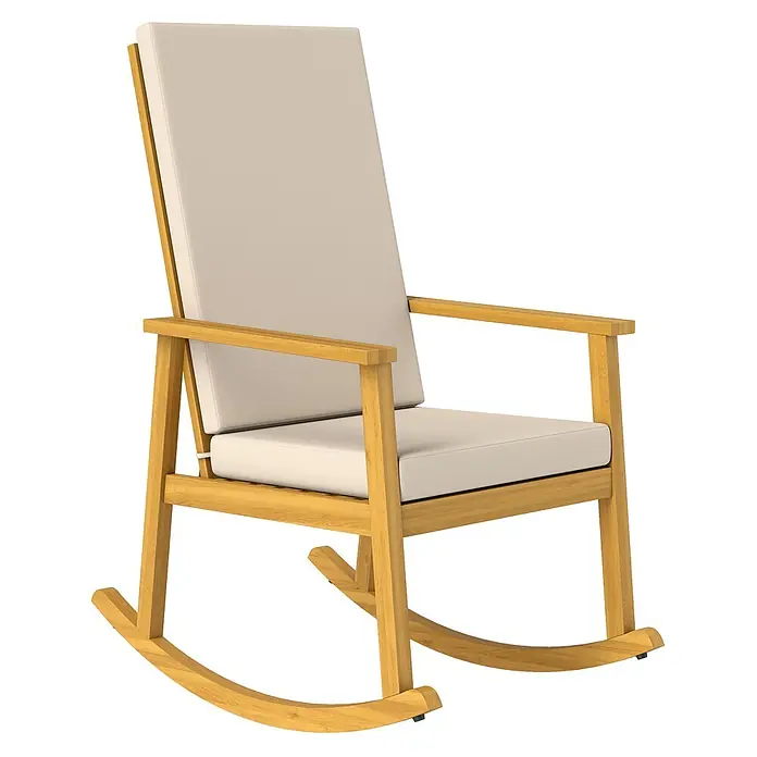 Outsunny Garten-Schaukelstuhl - 1 Stk., Akazienholz, Polyester, Beige - Heller Holzschaukelstuhl mit beigen Polstern.