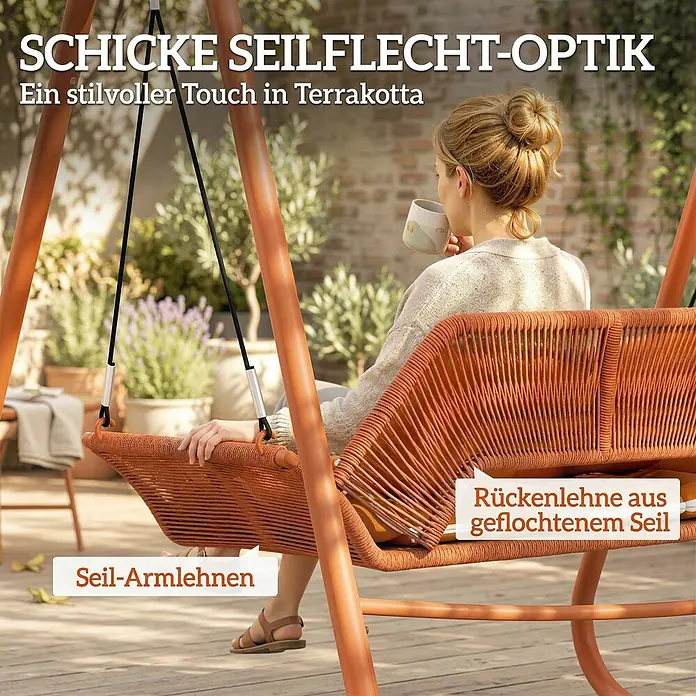 Outsunny Garten-Schaukelstuhl - 1 Stk., Metall, Polyester, Polypropylen Baumwolle, Schaumstoff, Terrakotta - Terrakotta-Schaukelstuhl mit geflochtenen Seil-Armlehnen und Rückenlehne, im Freien genutzt.