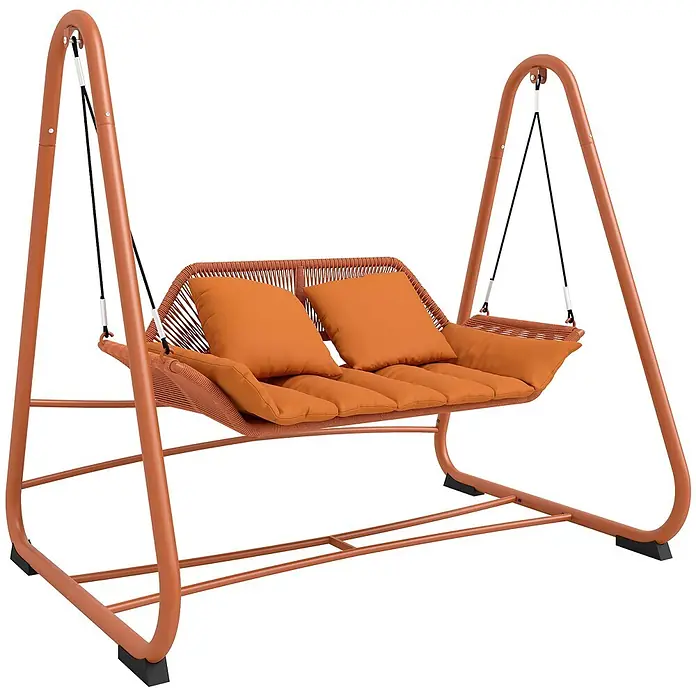 Outsunny Garten-Schaukelstuhl - 1 Stk., Metall, Polyester, Polypropylen Baumwolle, Schaumstoff, Terrakotta - Zweisitzer-Gartenschaukel mit orangefarbenem Metallrahmen, gewebter Sitzfläche und Rückenlehne sowie orangen Kissen.