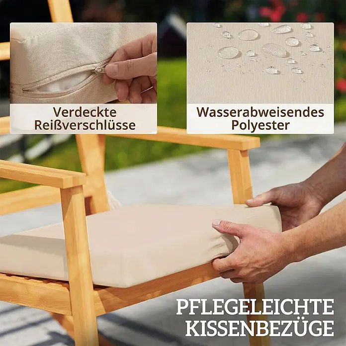 Outsunny Garten-Schaukelstuhl - 1 Stk., Akazienholz, Polyester, Beige - Helles beiges, wasserabweisendes Polyesterkissen mit verdeckten Reißverschlüssen auf einem Holzstuhl, das seine pflegeleichten Eigenschaften hervorhebt.