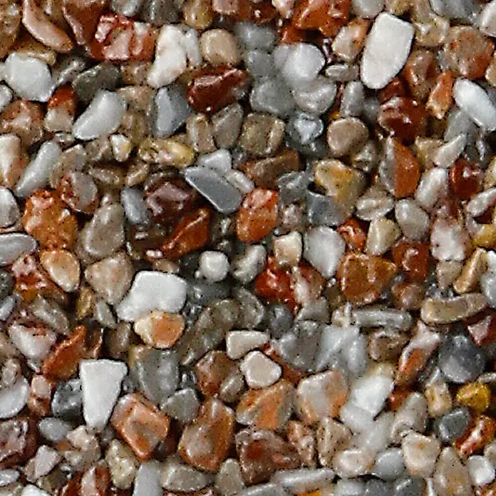 Probau Steinchenteppich Marmorkiesel, 2-4 mm - Braun, 20 kg - Nahaufnahme eines farbenfrohen, mit Harz gebundenen Kiesprodukts.