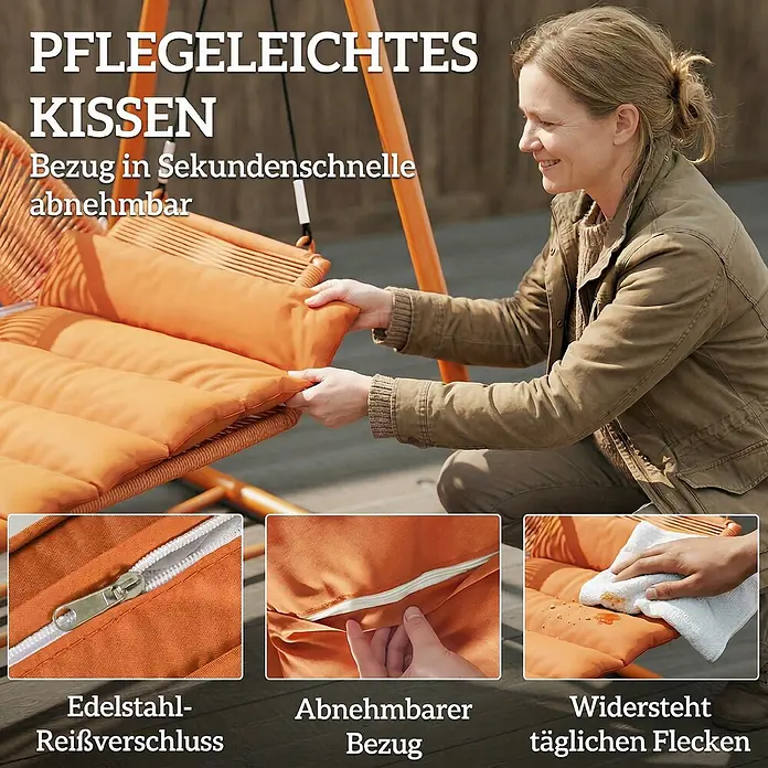 Outsunny Garten-Schaukelstuhl - 1 Stk., Metall, Polyester, Polypropylen Baumwolle, Schaumstoff, Terrakotta - Lächelnde Frau nimmt orangefarbenen Kissenbezug von Schaukelstuhl ab. Details zeigen Edelstahlreißverschluss, Abnehmbarkeit und Fleckenresistenz.