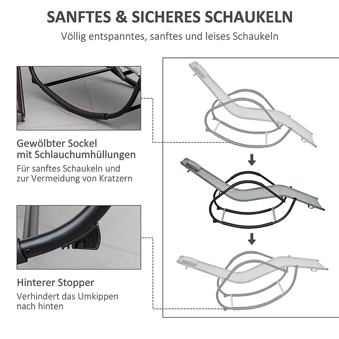 Outsunny Garten-Schaukelstuhl - 1 Stk., Netzstoff, Verzinktes Metall, Grau, B x T x H: 157 x 160 x 84 cm - Graue Netzstoff-Schaukelliege mit schwarzem Gestell. Verfügt über eine gebogene Basis mit Schutzhüllen für sanftes, kratzfreies Schaukeln und einen hinteren Stopper gegen Kippen.