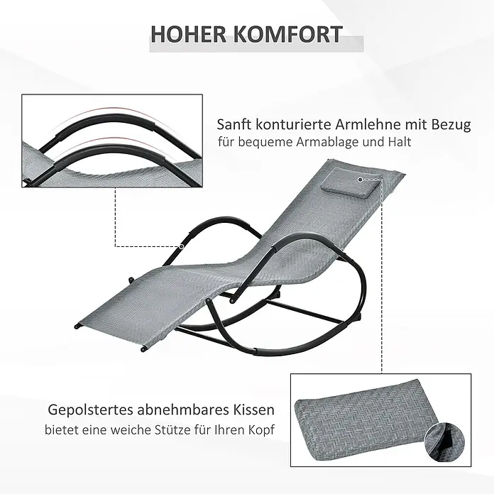 Outsunny Garten-Schaukelstuhl - 1 Stk., Netzstoff, Verzinktes Metall, Grau, B x T x H: 157 x 160 x 84 cm - Graue Schaukel-Liege mit schwarzem Gestell, konturierten Armlehnen und abnehmbarem gepolstertem Kopfkissen.