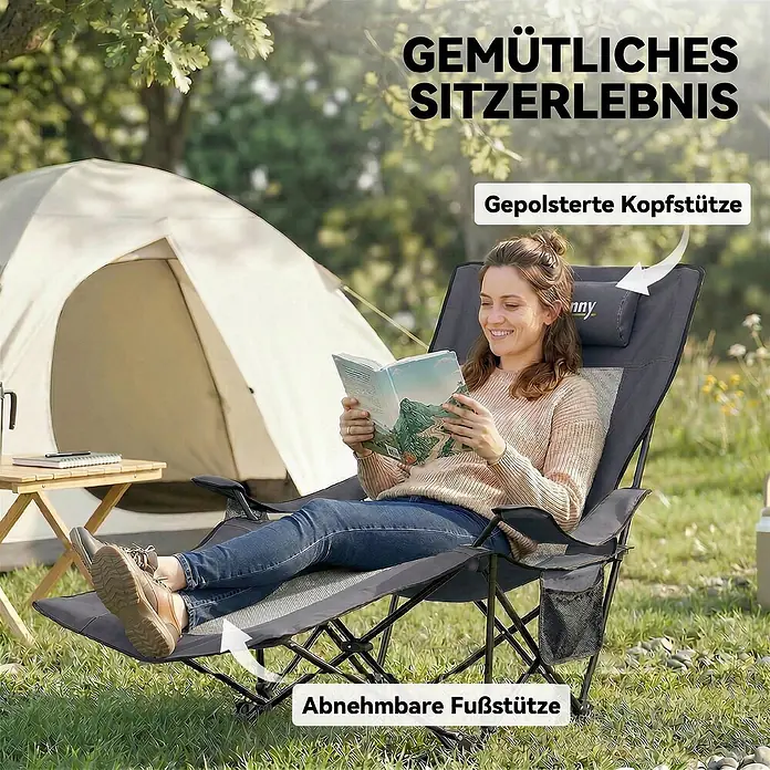 Outsunny Campingstuhl - 2 Stk., Metall, 600D Oxford-Stoff, Schaumstoff, Klappbar, Dunkelgrau - Frau entspannt sich in einem schwarzen Campingstuhl mit gepolsterter Kopfstütze und abnehmbarer Fußstütze, liest ein Buch im Freien neben einem Zelt.