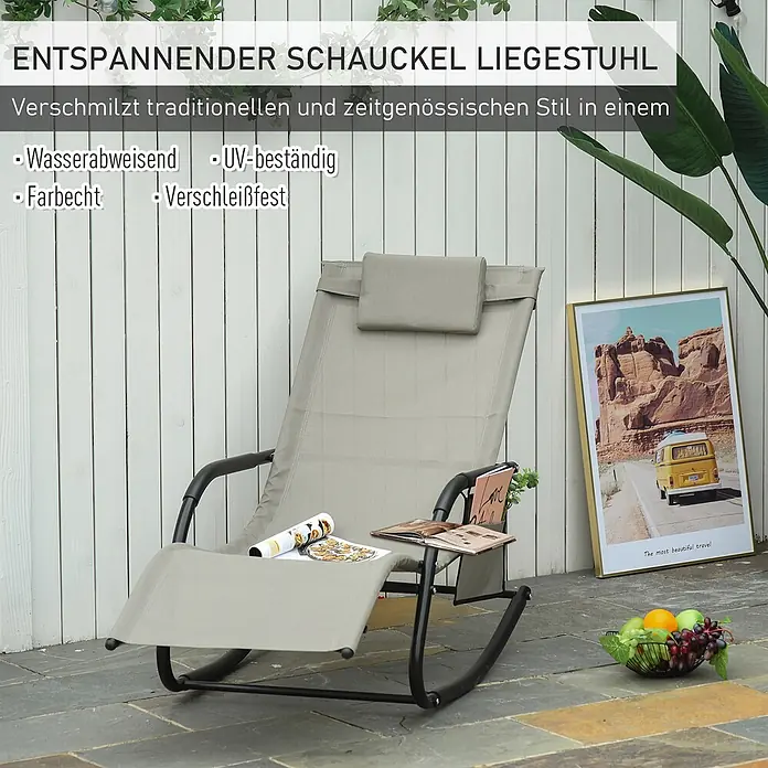 Outsunny Garten-Schaukelstuhl - 1 Stk., Metall, atmungsaktives Mesh, Hellgrau - Heller Schaukel-Liegestuhl mit schwarzem Gestell, Kopfstütze und Seitentasche, für den Außenbereich.