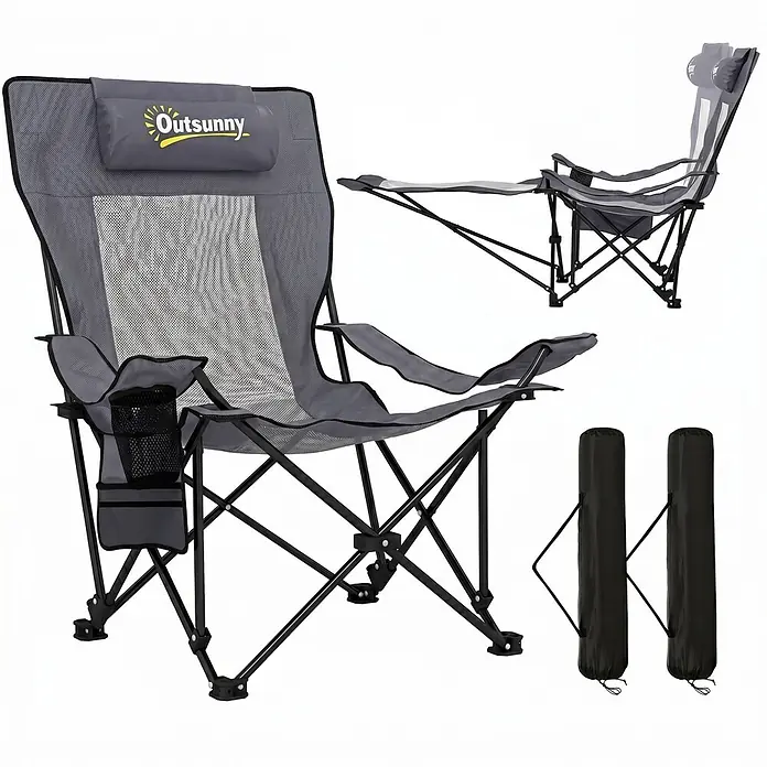 Outsunny Campingstuhl - 2 Stk., Metall, 600D Oxford-Stoff, Schaumstoff, Klappbar, Dunkelgrau - Grauer Klapp-Campingstuhl mit Kopfstütze, Netzrücken, Getränkehalter und Fußstütze. Inklusive Tragetaschen.