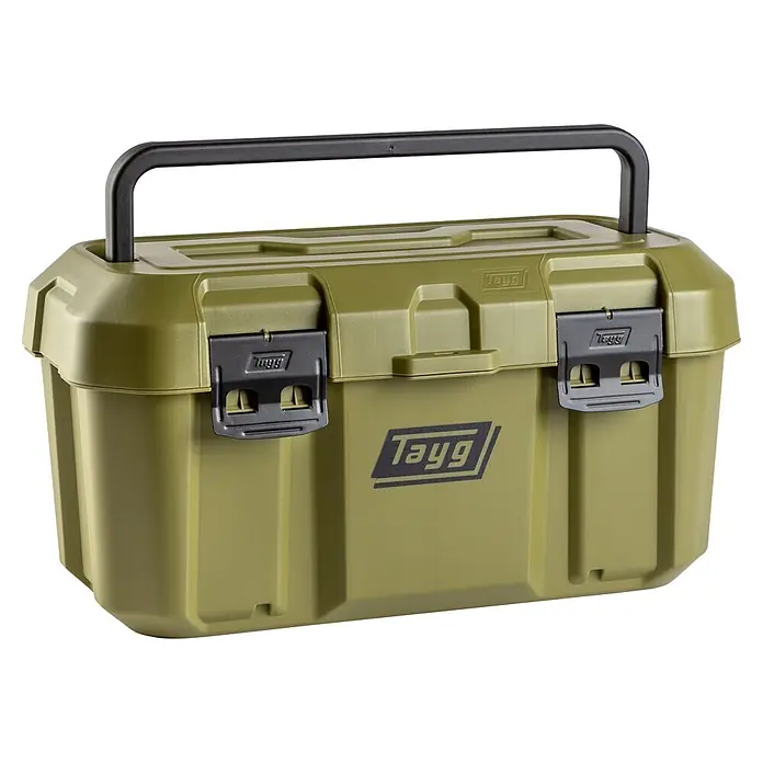 Tayg Caja para herramientas C46 - L x An x Al: 499 x 279 x 254 mm, 19 l, Polipropileno, Verde - Caja de herramientas de plástico verde oliva con asa, cierres negros y logo Tayg.